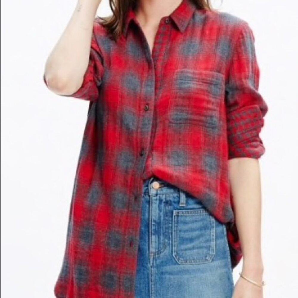 Madewell Ex-Boyfriend Shirt Lansing Plaid Red Grey 100% Cotton Size Small